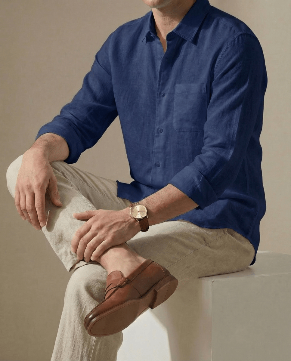 Conjunto Camisa Azul Marino + Pantalón Beige - 100% Lino - Viano | Old Money Chile