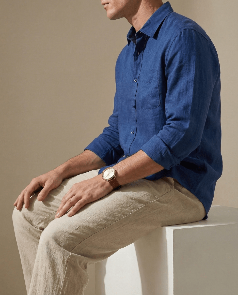 Conjunto Camisa Azul Marino + Pantalón Beige - 100% Lino - Viano | Old Money Chile
