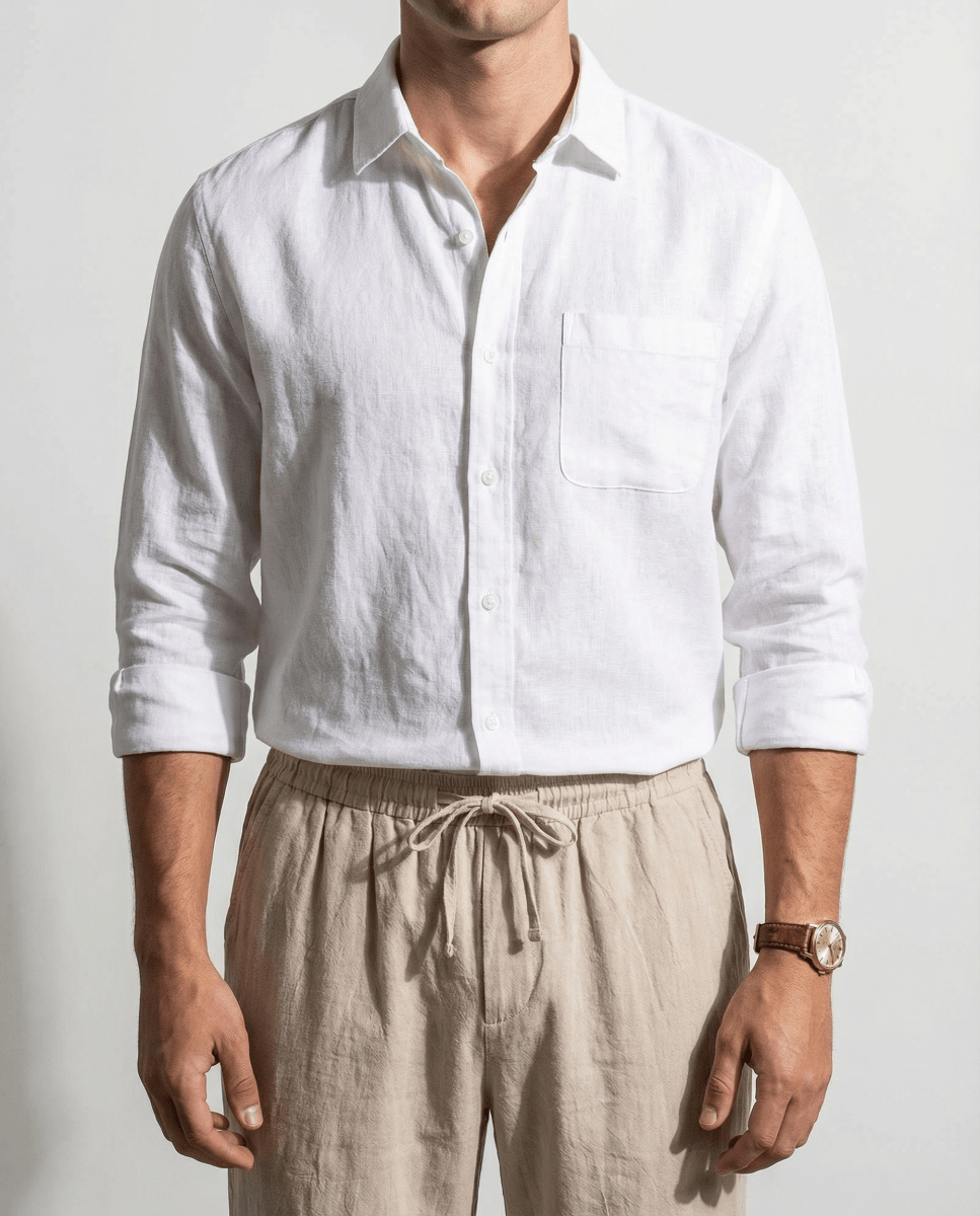 Conjunto Camisa Blanca + Pantalón Beige - 100% Lino - Viano | Old Money Chile