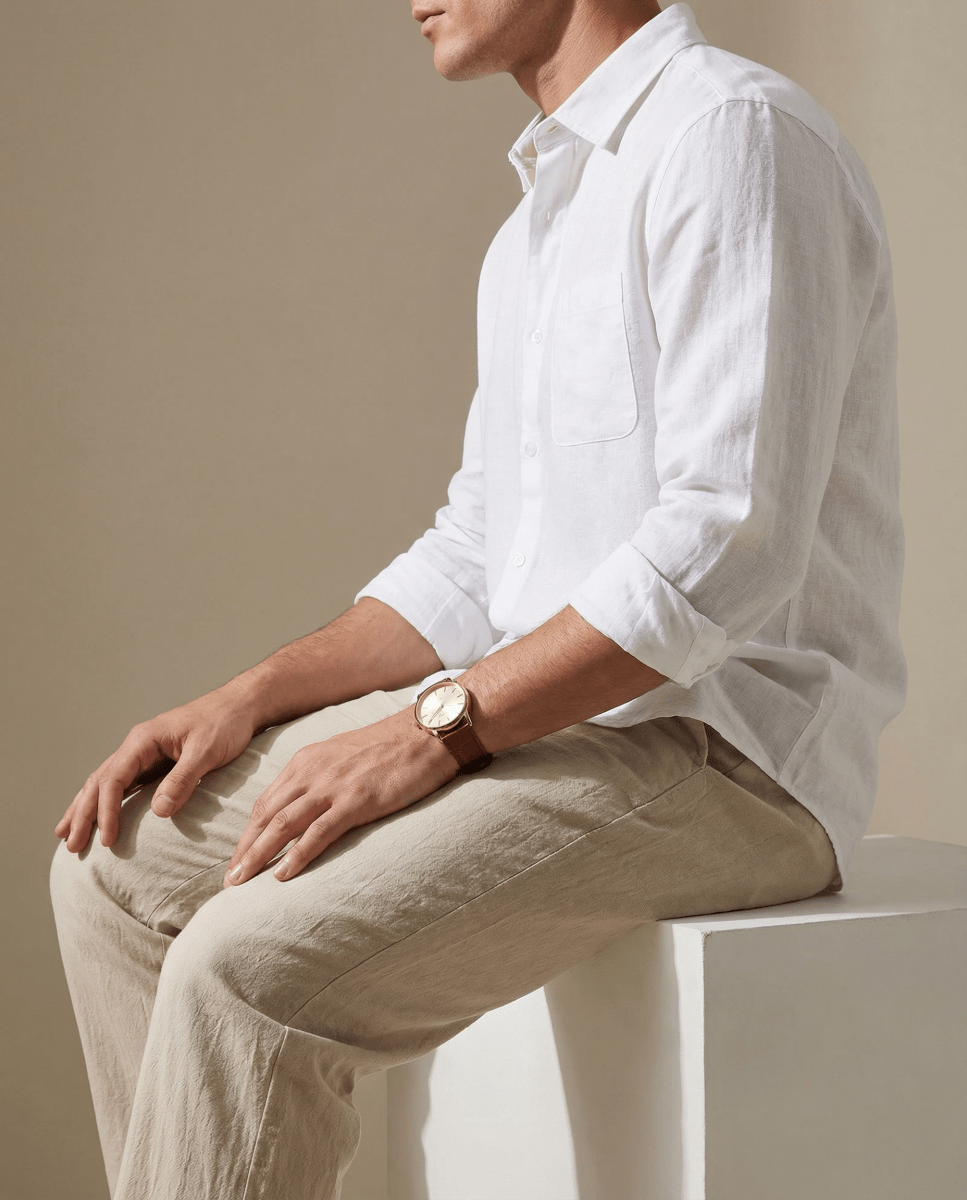 Conjunto Camisa Blanca + Pantalón Beige - 100% Lino - Viano | Old Money Chile