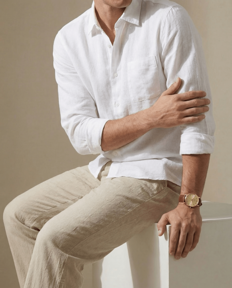 Conjunto Camisa Blanca + Pantalón Beige - 100% Lino - Viano | Old Money Chile