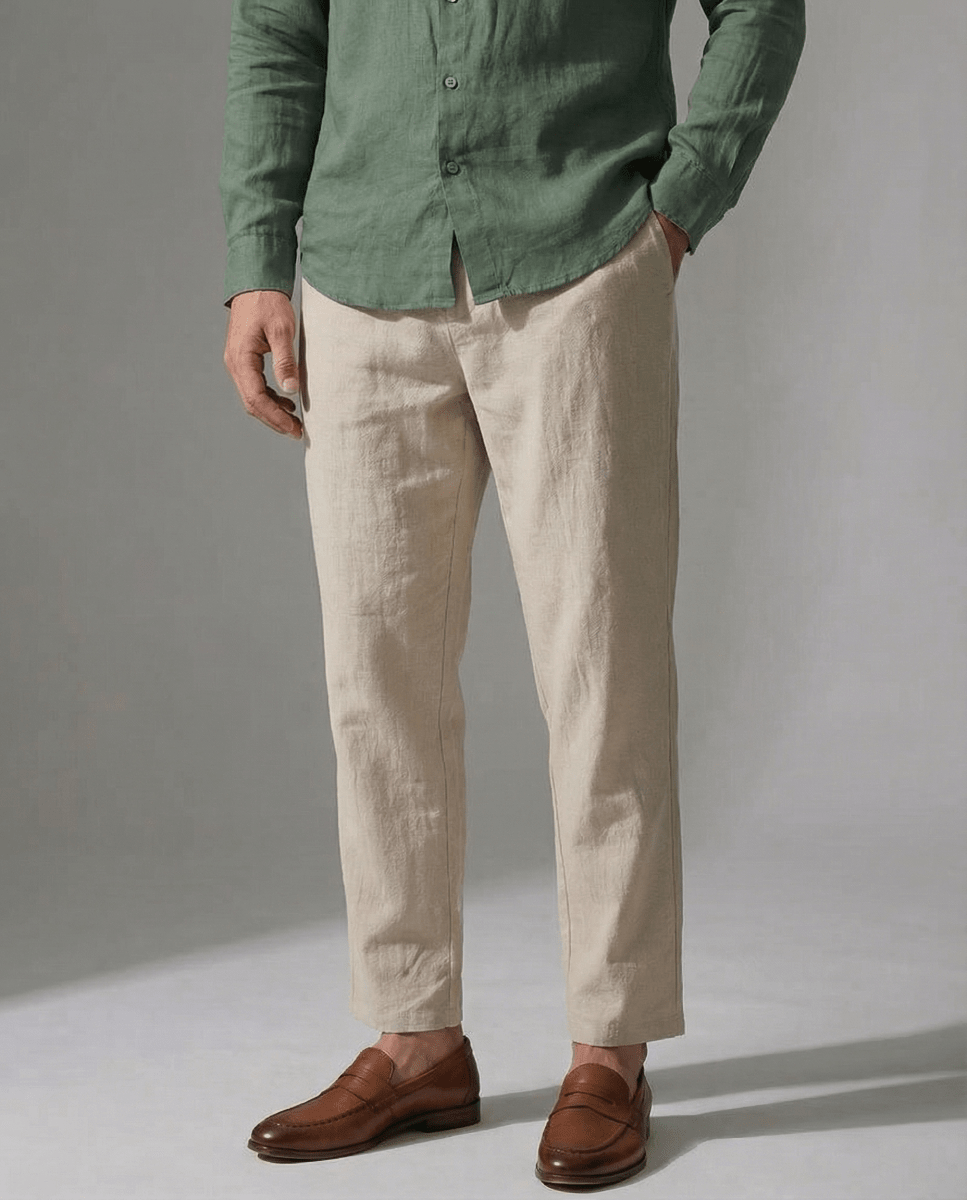 Conjunto Camisa Verde + Pantalón Beige - 100% Lino - Viano | Old Money Chile