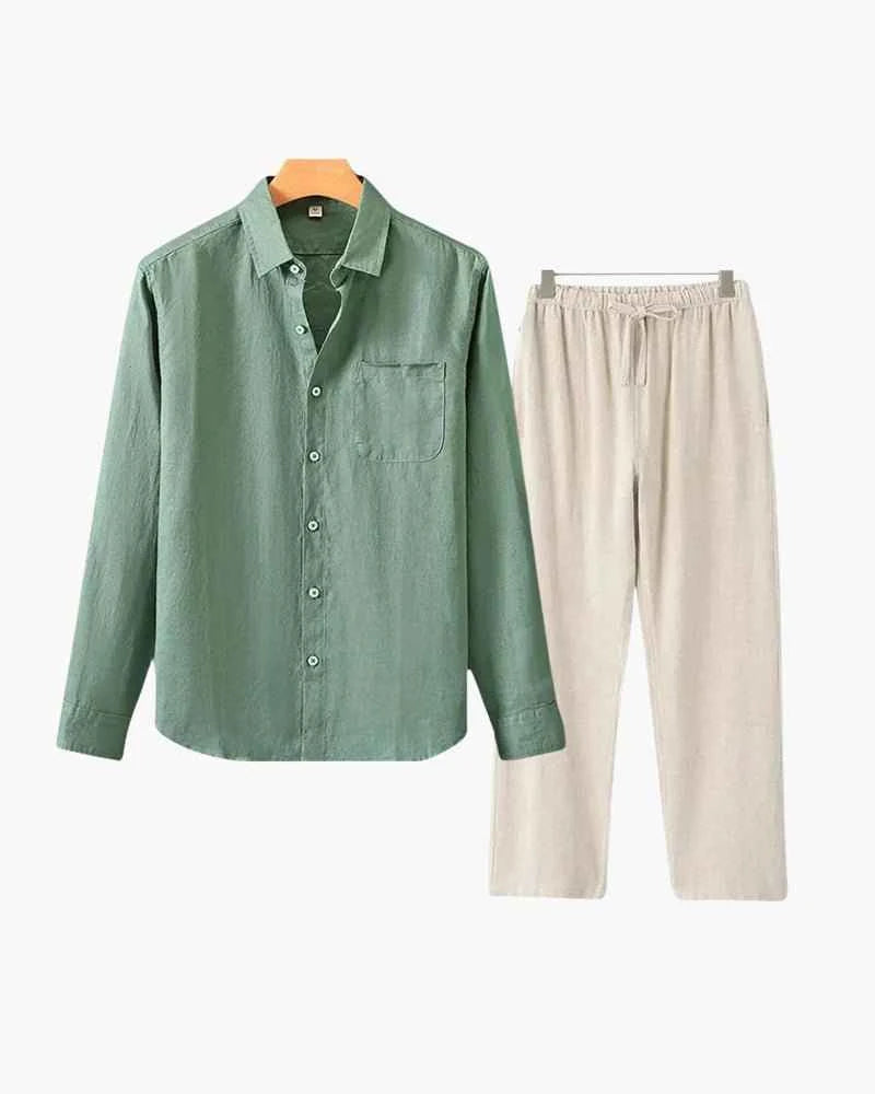 Conjunto Camisa Verde + Pantalón Beige - 100% Lino